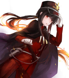 Rule 34 | 1boy, absurdres, adjusting clothes, adjusting headwear, androgynous, belt, black belt, black cape, black hair, black hat, blush, cape, center-flap bangs, clenched hand, cowboy shot, dutch angle, fate/grand order, fate (series), fiery hair, floating cape, floating hair, from below, front-seamed legwear, gloves, gun, hair between eyes, hand up, handgun, hat, high collar, highres, holster, jacket, jingle23, kepi, long hair, long sleeves, looking at viewer, male focus, military hat, military uniform, oda nobukatsu (fate), open mouth, pants, ponytail, raised eyebrows, red eyes, red jacket, red pants, seamed legwear, sidelocks, simple background, sweatdrop, very long hair, weapon, white background, white gloves