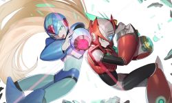 Rule 34 | 2boys, aiming, aiming at viewer, arm cannon, armor, blonde hair, bodysuit, breastplate, chyan, copyright request, debris, gloves, green eyes, helmet, highres, long hair, looking at viewer, male focus, mega man (character), mega man (series), mega man x (series), multiple boys, open mouth, parted lips, very long hair, weapon, x (mega man), zero (mega man)