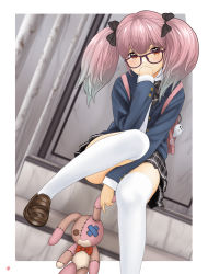 Rule 34 | 1girl, absurdres, arm on knee, backpack, bag, black-framed eyewear, black bow, black bowtie, blazer, blue jacket, bow, bowtie, brown eyes, brown footwear, glasses, gradient eyes, gradient hair, hair bow, hand on own face, hand to own mouth, highres, jacket, light brown hair, long sleeves, multicolored eyes, multicolored hair, nao suke, original, over-kneehighs, pink bag, plaid, plaid bow, plaid bowtie, plaid skirt, school uniform, shirt, sitting, sitting on stairs, skirt, socks, stairs, stuffed animal, stuffed rabbit, stuffed toy, thighhighs, twintails, white shirt, white socks