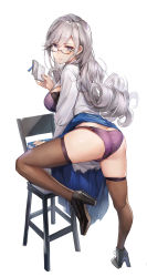 Rule 34 | 1girl, ass, blue skirt, book, book stack, boots, bra, breasts, brown footwear, brown thighhighs, chair, chinese commentary, clothes lift, commentary request, from behind, full body, glasses, grey eyes, high heel boots, high heels, highres, holding, holding book, kuza brs, large breasts, long hair, long sleeves, looking at viewer, looking back, open book, original, panties, parted lips, purple bra, purple panties, shirt, silver hair, simple background, skirt, skirt lift, solo, thighhighs, underwear, white background, white shirt