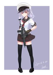 Rule 34 | 1girl, black hair, black thighhighs, eotech, full body, gloves, gun, gun sling, h&amp;k mp5, hat, holding, holding gun, holding weapon, lasel, loafers, looking at viewer, original, pleated skirt, red eyes, school uniform, serafuku, shoes, silver hair, skirt, solo, submachine gun, thighhighs, twintails, weapon