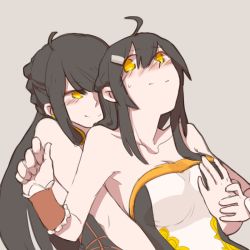 Rule 34 | 2girls, ahoge, ara haan, ara han, bare arms, bare shoulders, black hair, blush, grabbing another&#039;s breast, breasts, closed mouth, collarbone, comic, couple, elsword, eyes visible through hair, female focus, grabbing, grabbing from behind, grey background, hair ornament, hairpin, hand up, hua ge pi, implied fingering, long hair, looking at another, looking back, medium breasts, multiple girls, neck, sakra devanam (elsword), simple background, smile, strapless, tube top, upper body, yama raja (elsword), yellow eyes, yuri