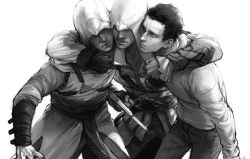 Rule 34 | 3boys, altair ibn la-ahad, assassin&#039;s creed, assassin&#039;s creed (series), assassin&#039;s creed ii, black hair, blade, clothes, concealed weapon, desmond miles, ezio auditore da firenze, gloves, greyscale, hood, hug, luulala, male focus, manly, md5 mismatch, monochrome, multiple boys, resized, resolution mismatch, short hair, simple background, source larger, time paradox, vambraces, weapon, white background