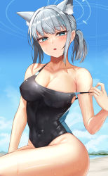 Rule 34 | 1girl, :o, absurdres, akamashi, animal ear fluff, animal ears, bare shoulders, beach, blue archive, blue sky, breasts, cleavage, clothes pull, competition swimsuit, covered erect nipples, covered navel, cross hair ornament, day, earrings, extra ears, grey hair, hair ornament, halo, highleg, highleg swimsuit, highres, jewelry, large breasts, looking at viewer, medium hair, mismatched pupils, narrowed eyes, ocean, one-piece swimsuit, one-piece swimsuit pull, outdoors, parted lips, ponytail, sand, shiny skin, shiroko (blue archive), shiroko (swimsuit) (blue archive), side ponytail, sidelocks, sitting, sky, solo, stud earrings, swimsuit, thighs, two-tone swimsuit, wet, wet clothes, wet swimsuit, wolf ears