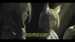 Rule 34 | 2girls, animal ear fluff, animal ears, blue eyes, blurry, blurry foreground, commentary request, depth of field, english text, floppy ears, green jacket, grey hair, grey shirt, highres, jacket, letterboxed, multiple girls, natori youkai, open clothes, open jacket, open mouth, original, rabbit ears, shirt, short hair, upper body