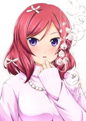 Rule 34 | 10s, 1girl, bow, diesel-turbo, hair bow, jewelry, love live!, love live! school idol project, necklace, nishikino maki, parted lips, purple eyes, red hair, short hair, sleeves past wrists, solo, swept bangs, turtleneck, upper body, white background