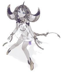 Rule 34 | 1girl, ankle boots, boots, bracelet, broken, broken chain, chain, closed mouth, dated, dot nose, dress, flat chest, highres, horns, jewelry, looking at viewer, medium hair, multiple horns, navel, original, outstretched arms, panties, purple eyes, see-through, see-through dress, signature, simple background, single horn, solo, spot color, spread arms, standing, tail, underwear, white background, yun-yang