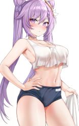 Rule 34 | 1girl, absurdres, armpits, bare shoulders, blush, bow, braid, breasts, buruma, commentary, cone hair bun, crop top, dot nose, english commentary, genshin impact, hair bow, hair bun, hand on own hip, highres, holding, holding towel, keqing (genshin impact), long hair, looking at viewer, medium breasts, navel, oxenia, parted lips, purple bow, purple eyes, simple background, single braid, solo, strap gap, tank top, thighs, towel, twintails, v-shaped eyebrows, white background, white tank top