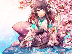 Rule 34 | 1girl, black hair, cherry blossoms, japanese clothes, kimono, long hair, looking at viewer, original, petals, red eyes, solo, suou sakura, vocaloid, vy1, water