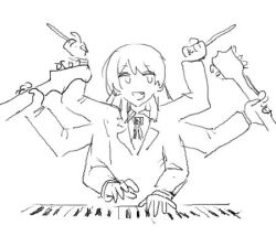 Rule 34 | 1girl, bang dream!, bang dream! it&#039;s mygo!!!!!, chihaya anon, commentary request, drumsticks, extra arms, fang, greyscale, guitar, holding, holding drumsticks, instrument, keyboard (instrument), long hair, long sleeves, lowres, monochrome, necktie, nininikal, open mouth, simple background, sketch, solo, white background