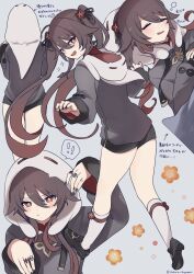 Rule 34 | !, !!, 1girl, black footwear, black nails, black shorts, brown hair, closed eyes, commentary request, engasaki sakura, flower-shaped pupils, genshin impact, hair between eyes, highres, hood, hoodie, hu tao (genshin impact), jewelry, long hair, long sleeves, looking at viewer, looking back, multiple views, open mouth, red eyes, ring, shoes, shorts, socks, symbol-shaped pupils, translation request, twintails, white socks