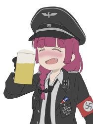 Rule 34 | :o, alcohol, badge, beer mug, blush, bocchi the rock!, braid, closed eyes, cup, fang, hat, hiroi kikuri, military, military hat, military uniform, mug, nazi, necktie, nullpo, red hair, simple background, smile, uniform, white background