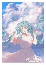 Rule 34 | 1girl, :d, ^ ^, absurdres, bare shoulders, blue hair, blue sky, bow, choker, closed eyes, cloud, cloudy sky, collarbone, commentary request, dated, day, dress, facing viewer, hair between eyes, hair bow, hands up, happy birthday, hatsune miku, highres, holding, holding own hair, koi han, long hair, off-shoulder dress, off shoulder, open mouth, outdoors, round teeth, signature, sky, smile, solo, standing, teeth, twintails, upper teeth only, very long hair, vocaloid, white bow, white choker, white dress