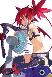 Rule 34 | 1girl, black gloves, black thighhighs, commentary request, demon girl, demon tail, demon wings, disgaea, duplicate, earrings, elbow gloves, electric fan, etna (disgaea), fang, gloves, unworn gloves, highres, holding, holding clothes, holding gloves, hot, jewelry, looking at viewer, makai senki disgaea, miniskirt, miyakawa106, open mouth, pixel-perfect duplicate, pointy ears, prinny, red eyes, red hair, sitting, sitting on person, skin fang, skindentation, skinny, skirt, skull earrings, slit pupils, solo, sweat, tail, thighhighs, twintails, white background, wings