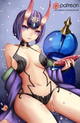 Rule 34 | 1girl, alcohol, alternate breast size, areola slip, artist name, bare shoulders, black gloves, blunt bangs, blush, bowl, breasts, bridal gauntlets, collarbone, covered erect nipples, cup, dripping, drooling, eyebrows, eyeshadow, fate/grand order, fate (series), fingerless gloves, gloves, gourd, headpiece, heart, heart-shaped pupils, highres, holding, holding bowl, horns, japanese clothes, katrina lynn, kimono, long sleeves, makeup, medium breasts, navel, off shoulder, oni, open clothes, open kimono, patreon, patreon username, purple eyes, purple hair, revealing clothes, sakazuki, sake, saliva, short hair, shuten douji (fate), sitting, solo, stomach, symbol-shaped pupils, thick eyebrows, thighs, watermark, web address