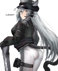 Rule 34 | 1girl, animal ears, arknights, ass, black hat, black jacket, cabbie hat, cat ears, cat tail, character name, commentary request, cowboy shot, ears through headwear, hat, highres, horn/wood, jacket, leggings, long hair, long sleeves, looking at viewer, official alternate costume, pants, partial commentary, schwarz (arknights), schwarz (skyline) (arknights), silver hair, simple background, solo, standing, tail, thigh strap, thighs, very long hair, white background, white pants, yellow eyes