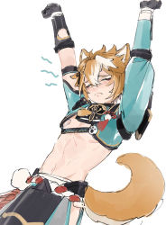 Rule 34 | 1boy, animal ears, armor, arms up, bandaid, black gloves, brown hair, closed eyes, closed mouth, dog boy, dog ears, dog tail, genshin impact, gloves, gorin39874633, gorou (genshin impact), hair between eyes, hair ornament, highres, japanese armor, japanese clothes, makeup, male focus, multicolored hair, paw print, simple background, solo, stretching, tail, white background, white hair
