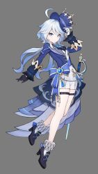 Rule 34 | 1girl, ahoge, ankle boots, ascot, asymmetrical gloves, black ascot, black footwear, black gloves, blue eyes, blue hair, blue hat, blue jacket, boots, commentary request, full body, furina (genshin impact), genshin impact, gloves, grey background, hat, heterochromia, high heel boots, high heels, highres, jacket, kodona, lolita fashion, long hair, long sleeves, mismatched gloves, mismatched pupils, multicolored hair, partial commentary, ponytail, solo, sword, thigh strap, top hat, weapon, white gloves, white hair, yefan