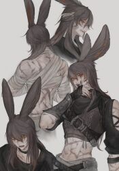 Rule 34 | 1boy, absurdres, animal ears, bandaged chest, bandaged head, bandages, belt, black scarf, brown hair, chest belt, final fantasy, final fantasy xiv, grey background, grey eyes, highres, looking at viewer, midriff, multiple views, open mouth, rabbit ears, scar, scar across eye, scar on face, scar on nose, scarf, simple background, tladpwl03, too many, too many scars, viera, warrior of light (ff14)
