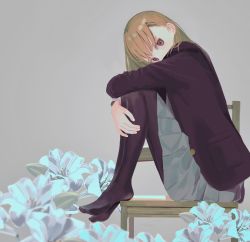 Rule 34 | 1girl, beige background, black jacket, black pantyhose, blazer, blonde hair, chair, commentary request, covered mouth, donguri hello, feet on chair, flower, from side, full body, grey background, grey skirt, head tilt, highres, hugging own legs, jacket, long hair, long sleeves, looking at viewer, looking to the side, negative space, no shoes, on chair, original, pantyhose, pleated skirt, pocket, red eyes, simple background, sitting, skirt, solo, white flower, white lily