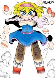 Rule 34 | 1girl, :d, algodoo, alice margatroid, arrow (symbol), blonde hair, blue eyes, blush, boots, brown footwear, capelet, commentary request, cookie (touhou), cross-laced footwear, crossed arms, dated, dress, flying, food, frilled dress, frilled hairband, frills, fruit, full body, gunbuster pose, hairband, ichigo (cookie), looking at viewer, medium bangs, open mouth, pink hairband, pink sash, sash, short hair, simple background, smile, smoke, solo, strawberry, tetugakuzonbi, thrusters, touhou, white background, white capelet