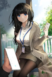 Rule 34 | 1boy, 1girl, absurdres, beige coat, black hair, black pantyhose, blue eyes, blunt bangs, breasts, cellphone, coat, grey skirt, hair ornament, hair scrunchie, highres, holding, holding phone, id card, large breasts, long hair, looking at viewer, low-tied long hair, name tag, office lady, original, pantyhose, pencil skirt, phone, scrunchie, shirt, skirt, smartphone, solo focus, white shirt, zetto (zet)
