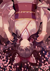 Rule 34 | 1girl, bow, brown hair, cherry blossoms, detached sleeves, gradient background, hair bow, hakurei reimu, highres, long hair, norizc, revision, solo, touhou, upside-down