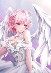 1girl angel_wings bare_shoulders breasts cleavage d4dj dress feathered_wings gradient_background hair_ornament hairclip medium_breasts official_alternate_costume pink_eyes pink_hair piyopiyomaru_(piyo8823) purple_background ribbon sakurada_miyu short_hair solo white_dress white_wings wings