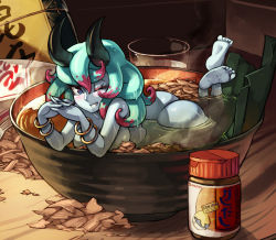 Rule 34 | 1girl, artist name, ass, barefoot, blue eyes, blush, borrowed character, bowl, bracelet, breasts, demon girl, english text, feet, food, green hair, grin, horns, in bowl, in container, in food, interlocked fingers, jewelry, junkpuyo, large breasts, long hair, looking at viewer, mini person, minigirl, nude, one eye closed, original, partially submerged, smile, soles, solo, soup, wink, zigza (gashi-gashi)