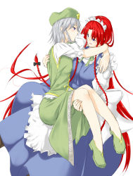 Rule 34 | 2girls, alternate costume, arms around neck, blue eyes, braid, carrying, cosplay, costume switch, couple, enmaided, expressive clothes, female focus, hat, highres, hong meiling, hong meiling (cosplay), hug, izayoi sakuya, izayoi sakuya (cosplay), long hair, maid, maid headdress, multiple girls, niwatazumi, princess carry, short hair, silver hair, smile, star (symbol), touhou, twin braids, very long hair, yuri