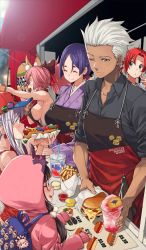 Rule 34 | 1boy, 5girls, :o, aged down, animal ears, apron, archer (fate), backpack, bag, baseball cap, blue eyes, blush, boudica (fate), bow, breasts, brown bow, brown eyes, brown hair, burger, chaldea kitchen truck, character pin, closed eyes, collarbone, commentary, craft essence (fate), cup, drinking straw, earrings, eating, fate/grand order, fate (series), food, food truck, fox ears, french fries, glasses, hair bobbles, hair bow, hair ornament, hat, hood, hoodie, hot dog, hot dog bun, imigimuru, japanese clothes, jewelry, kimono, large breasts, minamoto no raikou (fate), miyamoto musashi (fate), motor vehicle, multiple girls, naked apron, official art, one eye closed, osakabehime (fate), ponytail, purple hair, red hair, sideboob, sidelocks, slushie, tamamo (fate), tamamo cat (fate), truck, white hair