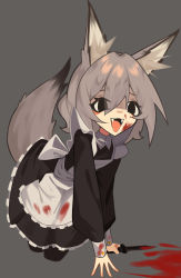 Rule 34 | 1girl, absurdres, all fours, animal ear fluff, animal ears, apron, black dress, black eyes, blood, blood on face, blood splatter, blood on clothes, dress, eyebrows hidden by hair, fangs, flat chest, ghost (tama), grey background, hair over one eye, highres, holding, holding knife, knife, maid, maid apron, open mouth, original, solo, tail, wolf ears, wolf girl, wolf tail