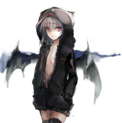 Rule 34 | 1girl, alternate costume, bat wings, black thighhighs, breasts, contemporary, cowboy shot, hands in pockets, hood, hoodie, looking at viewer, naked hoodie, nazuka (mikkamisaki), no bra, open clothes, open hoodie, red eyes, remilia scarlet, short hair, silver hair, solo, thighhighs, touhou, unzipped, wings, zettai ryouiki