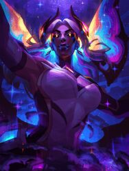 Rule 34 | 1girl, absurdres, black sclera, breasts, colored sclera, detached sleeves, dress, glowing, glowing hair, grin, half-shrug, highres, horns, jeremy anninos, league of legends, long hair, looking ahead, magic, medium breasts, morgana (league of legends), multicolored clothes, multicolored dress, official alternate costume, orange hair, single detached sleeve, sky, smile, solo, sparkle, star (sky), star nemesis morgana, starry sky, strapless, white background