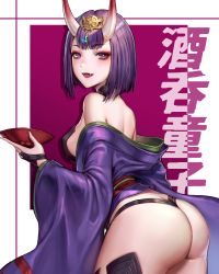 Rule 34 | 1girl, absurdres, ass, back, bare shoulders, blush, bob cut, breasts, bridal gauntlets, butt crack, cup, eyeliner, fangs, fate/grand order, fate (series), headpiece, highres, horns, jademoon, japanese clothes, kimono, long sleeves, looking at viewer, makeup, medium breasts, obi, oni, open mouth, purple eyes, purple hair, purple kimono, revealing clothes, sakazuki, sash, short hair, shuten douji (fate), skin-covered horns, smile, solo, wide sleeves
