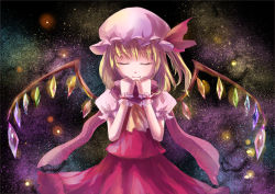 Rule 34 | 1girl, asiya (joey26504), blonde hair, ascot, eyelashes, closed eyes, flandre scarlet, hands on own chin, hat, hat ribbon, light smile, mob cap, puffy short sleeves, puffy sleeves, ribbon, short hair, short sleeves, side ponytail, sketch, skirt, skirt set, solo, star (symbol), starry background, touhou, wings, wrist cuffs