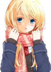 Rule 34 | 1girl, blonde hair, blue eyes, long hair, looking at viewer, marimo kei, necktie, open mouth, original, plaid, plaid necktie, plaid neckwear, plaid scarf, scarf, school uniform, solo, sweater vest