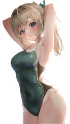 Rule 34 | 1girl, :o, absurdres, alternate color school swimsuit, armpits, arms behind head, arms up, bare shoulders, blush, breasts, brown hair, cleavage, collarbone, competition swimsuit, covered navel, cowboy shot, green eyes, green one-piece swimsuit, groin, hair intakes, highleg, highleg swimsuit, highres, hololive, holox, kazama iroha, koisuke, long hair, looking at viewer, medium breasts, one-piece swimsuit, ponytail, school swimsuit, sidelocks, simple background, solo, standing, swimsuit, thighs, two-tone swimsuit, virtual youtuber, white background