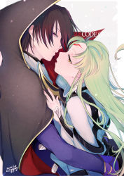 Rule 34 | 1boy, 1girl, black gloves, c.c., cape, code geass, copyright name, eyelashes, facial mark, forehead mark, gloves, green hair, highres, hug, lelouch vi britannia, long hair, looking at viewer, noppo, open mouth, parted lips