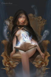 Rule 34 | 1girl, blonde hair, blush, book, cape, chair, lips, nude, original, real life, wizard, spectral, yueyue