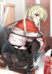 Rule 34 | 10s, 1girl, ass, b-ginga, back, bag, black pantyhose, blonde hair, blue eyes, blush, book, breast press, breasts, capelet, celtic knot, chestnut mouth, clothes lift, cross, crotch seam, door, from behind, graf zeppelin (kancolle), hair between eyes, impossible clothes, indoors, iron cross, kantai collection, large breasts, looking at viewer, miniskirt, panties, panties under pantyhose, pantyhose, pleated skirt, sidelocks, skirt, skirt lift, skirt set, solo, squatting, thighband pantyhose, tile floor, tiles, tsurime, twintails, underwear