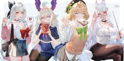 4girls :&lt; :p absurdres adjusting_eyewear ahoge animal_ear_fluff animal_ears aqua_eyes aqua_nails artist_name bag beads beret black_choker black_pantyhose blonde_hair blush bow braid bread bread_slice breasts cardigan choker claw_pose cleavage enna_alouette ethyria facial_mark flower food food_in_mouth fox_ears fox_tail fried_egg fried_egg_on_toast glasses grey_hair hair_beads hair_between_eyes hair_bow hair_flower hair_ornament hat head_wings heart highres holding holding_pointer large_breasts long_hair looking_at_viewer low_twintails medium_hair millie_parfait mouth_hold multiple_girls multiple_tails nijisanji nijisanji_en nina_kosaka pantyhose parted_lips pink_cardigan plaid_clothes plaid_skirt pleated_skirt pointer poppi_(reimu_endou) purple_eyes red_eyes red_nails reimu_endou school_bag school_uniform shei99 sitting skirt small_breasts sweater_vest tail teacher toast toast_in_mouth tongue tongue_out twintails v very_long_hair virtual_youtuber white_hair wings