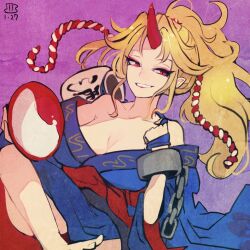 Rule 34 | 1girl, alcohol, barefoot, blonde hair, blue kimono, cuffs, cup, holding, holding cup, horns, hoshiguma yuugi, hoshiguma yuugi (kimono), japanese clothes, kimono, long hair, looking at viewer, maaru (akira428), official alternate costume, one-hour drawing challenge, oni horns, purple background, red eyes, red horns, sakazuki, sake, shackles, single horn, solo, touhou