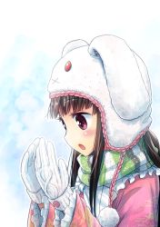 Rule 34 | 1girl, animal hat, blush, breath, brown hair, cloud print, frilled shirt collar, frilled sleeves, frills, from side, gloves, hands up, hat, houraisan kaguya, long sleeves, looking down, morioka itari, pink eyes, pink shirt, rabbit hat, scarf, shirt, solo, striped clothes, striped scarf, touhou, white gloves