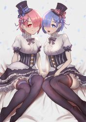 Rule 34 | 2girls, :d, black legwear, black ribbon, blue eyes, blue hair, blush, breasts, closed mouth, detached sleeves, formal, frilled sleeves, frills, gomashiwo o, hair between eyes, hair ornament, hair over one eye, hair ribbon, hat, highres, looking at viewer, magician, multiple girls, open mouth, pink hair, pink ribbon, purple ribbon, ram (re:zero), re:zero kara hajimeru isekai seikatsu, red eyes, red ribbon, rem (re:zero), ribbon, ribbon-trimmed clothes, ribbon trim, short hair, siblings, simple background, sisters, smile, top hat, twins, underbust, x hair ornament