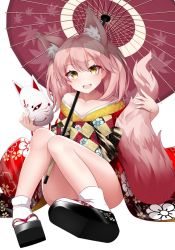 Rule 34 | 1girl, animal ears, blush, clogs, collarbone, fang, flat chest, floral print, fox ears, fox girl, fox mask, fox tail, holding, holding mask, japanese clothes, kantai collection, kimono, kirigakure (kirigakure tantei jimusho), leaf print, light brown hair, long hair, mask, oil-paper umbrella, okobo, open mouth, ryuujou (kancolle), sandals, simple background, sitting, skin fang, solo, tail, twintails, umbrella, white background, wide sleeves, yellow eyes
