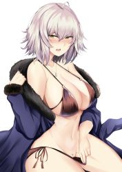 Rule 34 | 1girl, ahoge, bikini, bikini pull, blue jacket, blush, breasts, brown bikini, cape, cleavage, clothes pull, deroo, fate/grand order, fate (series), female pubic hair, fur collar, fur trim, hair between eyes, halterneck, highres, jacket, jeanne d&#039;arc (fate), jeanne d&#039;arc alter (avenger) (fate), jeanne d&#039;arc alter (fate), jewelry, large breasts, navel, necklace, open mouth, pubic hair, pussy, short hair, sideboob, silver hair, sitting, solo, swimsuit, yellow eyes