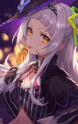 Rule 34 | 1girl, black capelet, black hole, blunt bangs, blurry, blurry background, breasts, candy, capelet, commentary, cropped shirt, food, frilled hat, frills, guchico, hair bun, hat, hexagram hair ornament, highres, hololive, licking, lollipop, long hair, long sleeves, looking at viewer, midriff, murasaki shion, murasaki shion (1st costume), navel, orange eyes, pinstripe pattern, pinstripe shirt, shirt, side bun, sidelocks, silver hair, single side bun, small breasts, solo, striped clothes, striped shirt, swirl lollipop, tilted headwear, tongue, tongue out, upper body, vertical stripes, virtual youtuber, witch hat