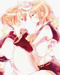 Rule 34 | 1boy, 1girl, arm warmers, bare shoulders, black collar, black shorts, blonde hair, blue eyes, bow, collar, commentary, crop top, floral background, from side, hair bow, hair ornament, hairclip, hands on another&#039;s face, highres, kagamine len, kagamine rin, looking at another, maca1227, neckerchief, necktie, sailor collar, school uniform, shirt, short hair, short ponytail, short shorts, short sleeves, shorts, sitting, sitting on lap, sitting on person, sleeveless, sleeveless shirt, spiked hair, swept bangs, upper body, vocaloid, white bow, white shirt, yellow neckerchief
