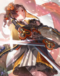 Rule 34 | 1girl, black gloves, brown hair, brown pantyhose, chiori (genshin impact), commentary request, cowboy shot, drill hair, dual wielding, genshin impact, gloves, hair ornament, hairpin, holding, holding sword, holding weapon, japanese clothes, kimono, looking at viewer, medium hair, pantyhose, parted lips, rashima (rcm illust), red eyes, short kimono, short sleeves, side drill, signature, solo, sword, weapon, wide sleeves, yellow kimono